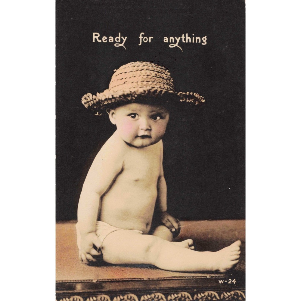 Vintage Ready For Anything Baby Straw Hat Hand Colored Photo Postcard W-24 USA - Picture 1 of 2